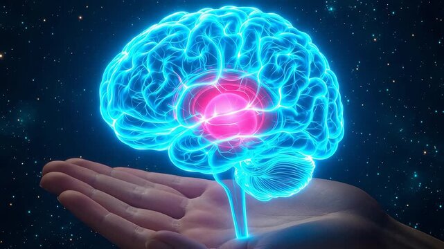 Human brain in hand against starry space