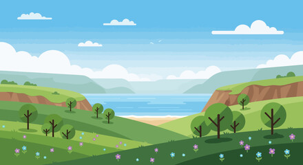 Fototapeta premium Pixel Art Landscape: Rolling Green Hills, Sandy Beach, Calm Blue Lake, and Distant Mountains