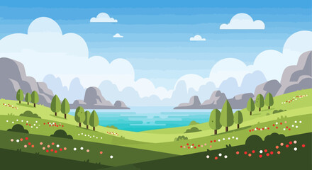 Fototapeta premium Pixel Art Landscape: Green Hills, Blue Water, and Mountains under a Cloudy Sky