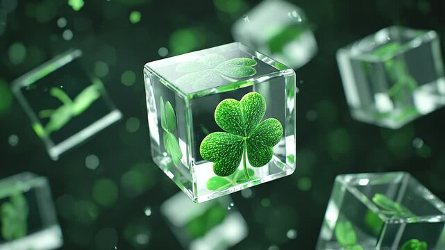 Vibrant green four-leaf clovers floating inside transparent glass cubes against a dark, sparkling background