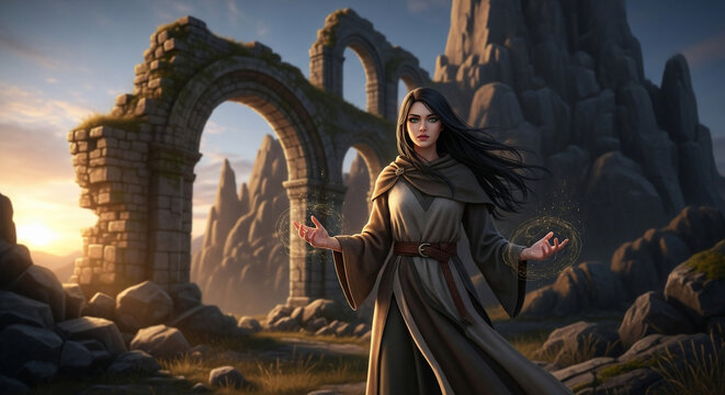 Mystic in Ancient Ruins: A captivating woman stands amidst the ancient ruins of a bygone era, exuding a sense of magic and mystery. Her presence, a whisper of a lost time. 