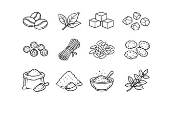 Cubes leaves basics flakes grains kitchen vector icons mix coffee tea salt