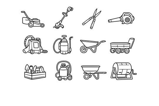 Vector icon mower spreader seed trimmer watering carrier clipper garden turner tools