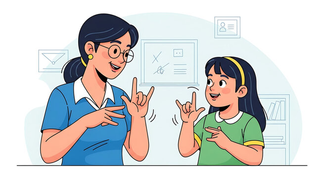 A woman and a young girl communicating with each other using sign language in a classroom setting.