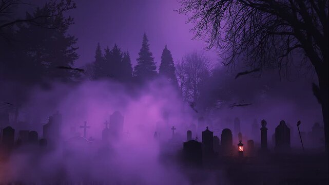 Eerie haunted graveyard scene at night, purple fog, leafless trees, bats flying, old tombstones, glowing lanterns, creepy atmosphere