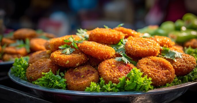 Thai Nam Phrik Num crunchy spicy fried rice cake tantalize taste bud vibrant Bangkok market clean professional stock photo sharp macro photography style cinematic realism ultra photorealistic no text