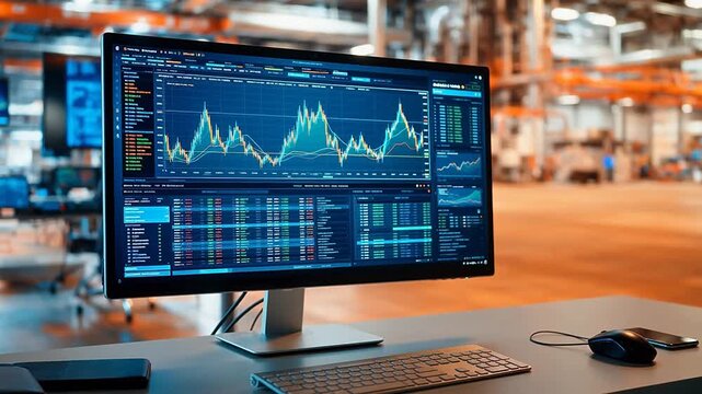 Computer monitor displaying financial charts