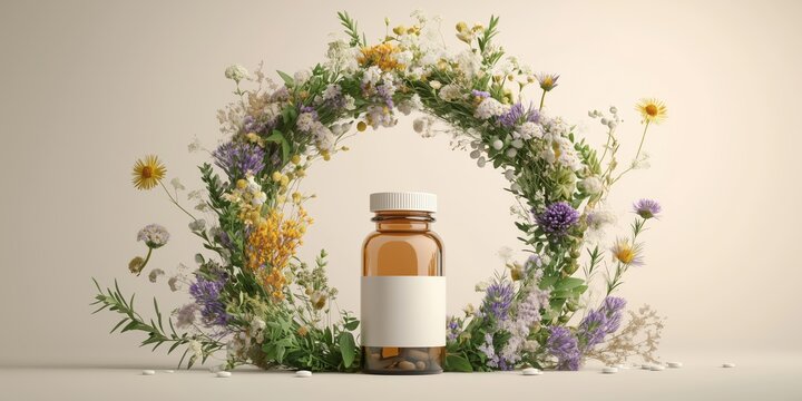 Natural capsules in amber jar with floral greenery, beautiful concept for herbal medicine, immunity support and holistic health advertising