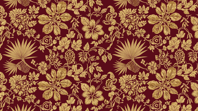 Luxurious Seamless Gold Floral and Botanical Pattern on Rich Maroon Background, Elegant Vintage Wallpaper or Fabric Texture