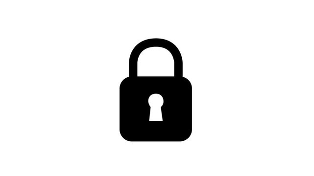 Black padlock icon animation locking and unlocking on white background. Conceptualizing security authorization and access.