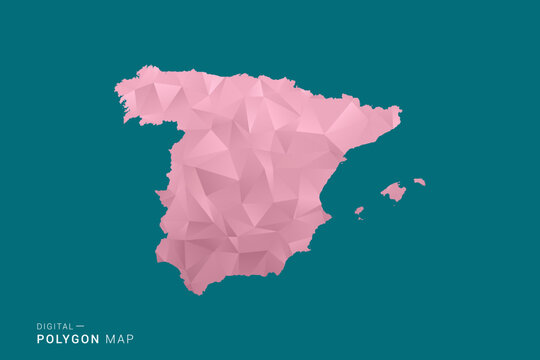 Spain polygon map vector illustration in low poly geometric style, soft pastel colors with pink and teal green tones, clean silhouette on solid background, ideal for infographic.