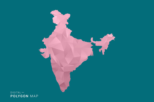 India polygon map vector illustration in low poly geometric style, soft pastel colors with pink and teal green tones, clean silhouette on solid background, ideal for infographic.