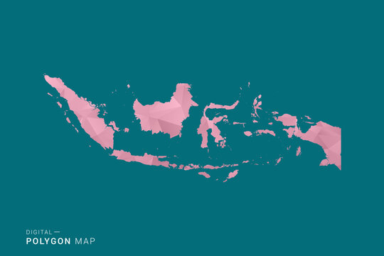 Indonesia polygon map vector illustration in low poly geometric style, soft pastel colors with pink and teal green tones, clean silhouette on solid background, ideal for infographic.