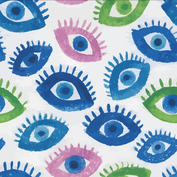 isolated clipart image of watercolor geometric blue green pink handpainted evil eye repetitive pattern linocut vector icon monochrome simple logo for kids