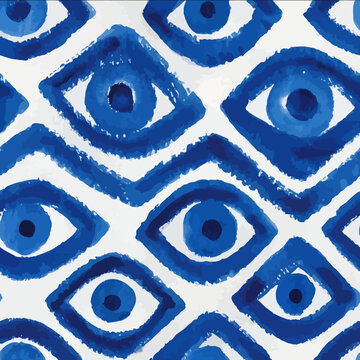 isolated clipart image of watercolor geometric blue handpainted evil eye repetitive pattern linocut vector icon monochrome simple logo for kids on a stripe