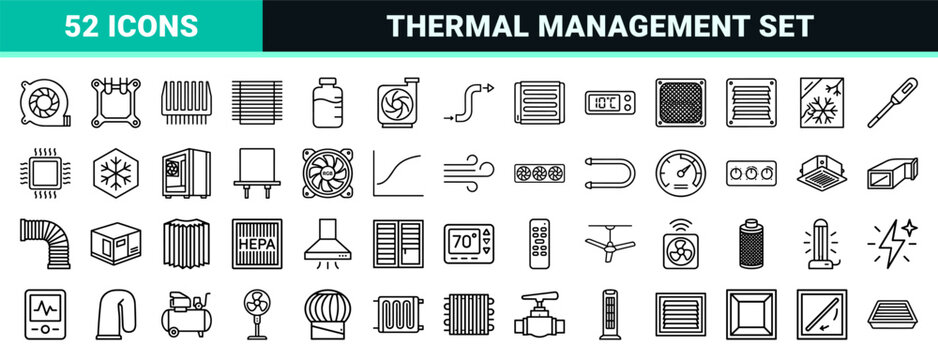 Ultra-minimalist Computer Cooling and HVAC System Outline Icons for Thermal Management Software and Hardware Engineering UI Design