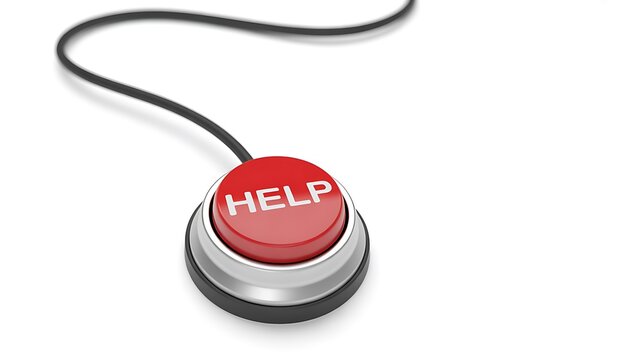 Red help button with cord, shiny metal and white text