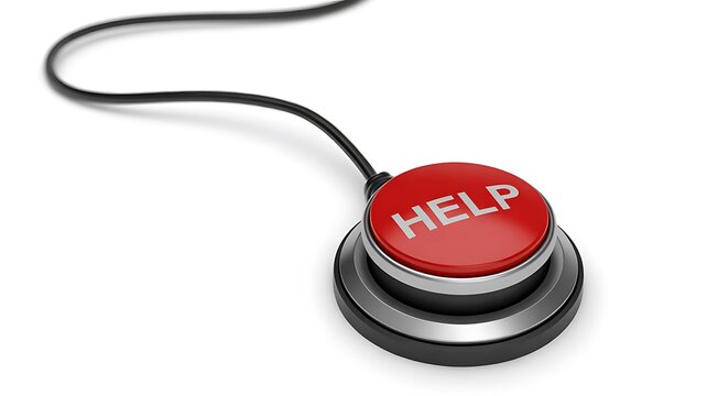 Red help button with cord, shiny metallic and rubber design