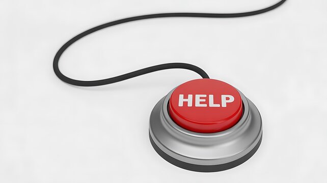 Red help button with cord, metal and plastic