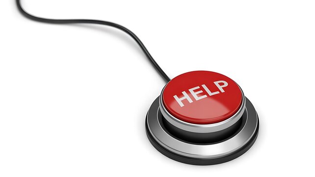 Red HELP button with cord, shiny metallic base