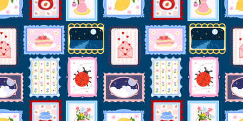 Patchwork ladybug pattern with floral seamless cute and spring flower frame. Kawaii heart gingham with cover citrus tiny and illustration lemon vector. Stationery vintage patchwork with daisy. © alia.kurianova