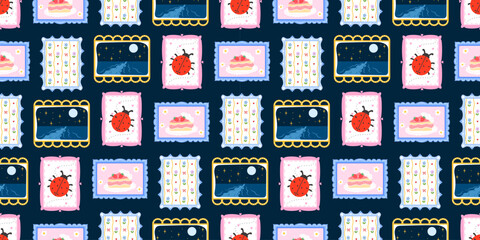 Cute spring ladybug for patchwork flower frame and seamless pattern kawaii. Floral gingham ornament for color background cottagecore and pink daisy checkerboard. Cute stationery plaid. © alia.kurianova