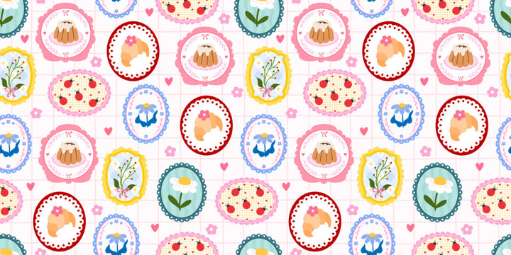 Patchwork floral kawaii for frame pattern cute and flower seamless quilt. Spring loop cottagecore for checkerboard color notebook and vector wallpaper background. Patchwork gingham heart.