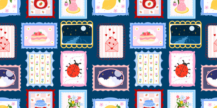 Patchwork ladybug pattern with floral seamless cute and spring flower frame. Kawaii heart gingham with cover citrus tiny and illustration lemon vector. Stationery vintage patchwork with daisy.