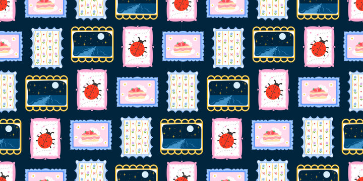 Cute spring ladybug for patchwork flower frame and seamless pattern kawaii. Floral gingham ornament for color background cottagecore and pink daisy checkerboard. Cute stationery plaid.