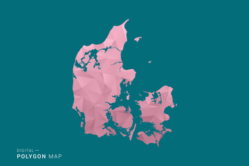 Denmark polygon map vector illustration in low poly geometric style, soft pastel colors with pink and teal green tones, clean silhouette on solid background, ideal for infographic. © Whatever