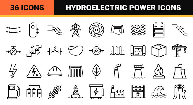 Hydroelectric Power and Renewable Energy Infrastructure Ultra-Minimalist Monoline Geometric Line Art Icon Set for Sustainable Engineering