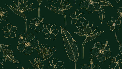 Luxurious Tropical Floral Pattern with Golden Outlines on Deep Emerald Green Background © mest selda blessun
