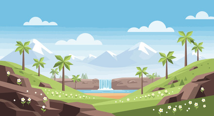 Fototapeta premium Pixel Art Landscape: Tropical Waterfall, Palm Trees, Snowy Mountains, and Wildflowers