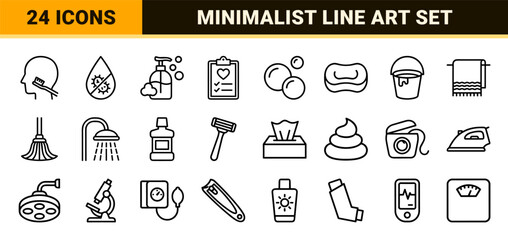 Naklejka premium Personal Hygiene and Sanitary Wellness Icon Set Featuring Ultra-Minimalist Geometric Line Art for Healthcare and Daily Routine Applications