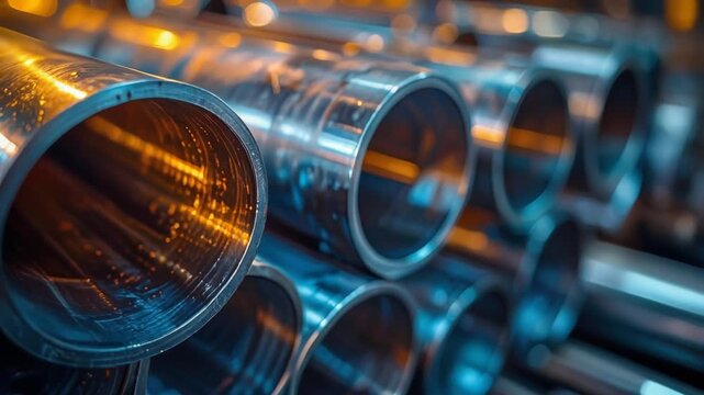 Close up of stacked steel pipes with reflective surface in industrial setting