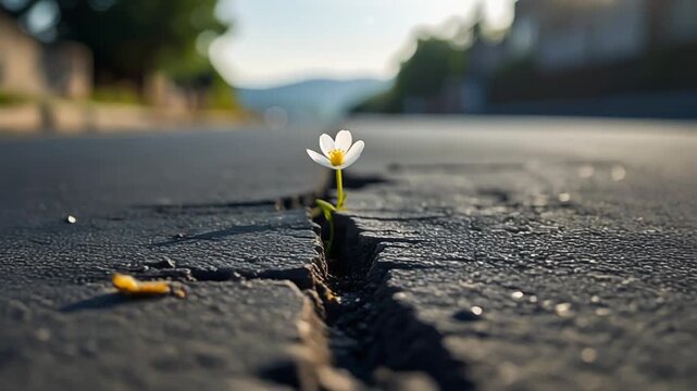 Small white flower blooming from cracked pavement representing strength and renewal