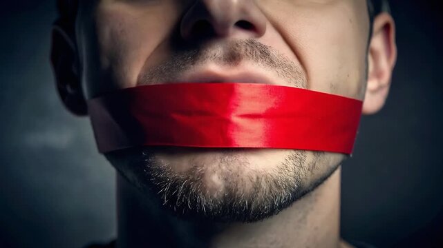 Portrait of man with red tape over mouth symbolizing censorship oppression and loss of free speech