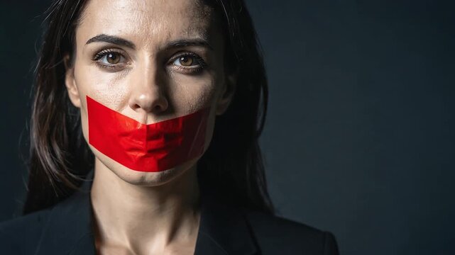 Female portrait with mouth covered by red tape symbolizing censorship and suppression