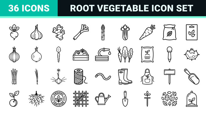 Ultra-Minimalist Monoline Root Vegetable Icons for Organic Agriculture and Gardening Apps featuring Bold Geometric Outline Symbolism