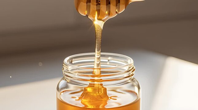 Golden thick honey drips slowly from a wooden dipper back into a clear glass jar with warm light shining through the sweet substance.