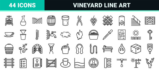Fototapeta premium Enology and Viticulture Ultra-Minimalist Monoline Outline Icon Set Featuring Vineyard Tools Wine Production Elements and Professional Glassware