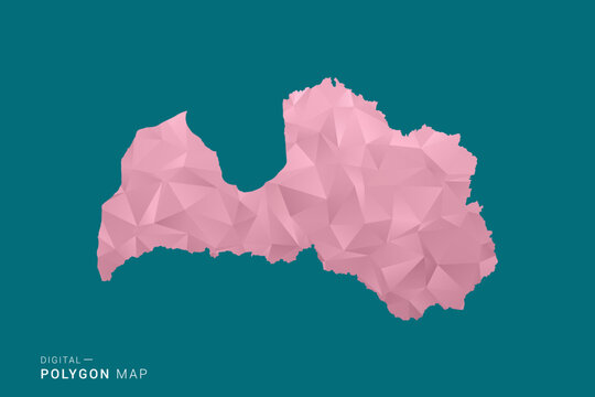 Latvia polygon map vector illustration in low poly geometric style, soft pastel colors with pink and teal green tones, clean silhouette on solid background, ideal for infographic.