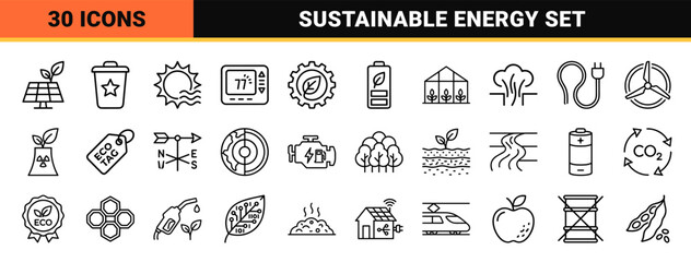 Naklejka premium Sustainable Energy and Circular Economy Geometric Outline Icons for Environmental Conservation and Green Technology Interface Design