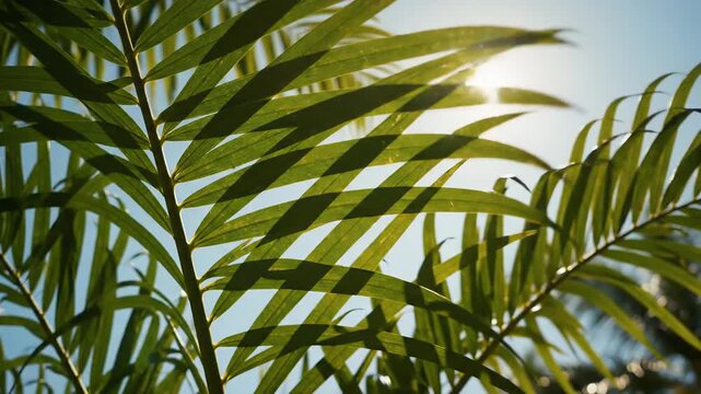 Sunlight filters through lush green palm fronds, creating a dappled pattern against a clear blue sky.