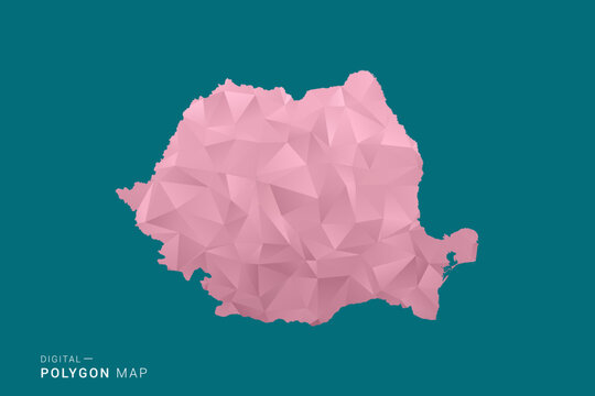 Romania polygon map vector illustration in low poly geometric style, soft pastel colors with pink and teal green tones, clean silhouette on solid background, ideal for infographic.