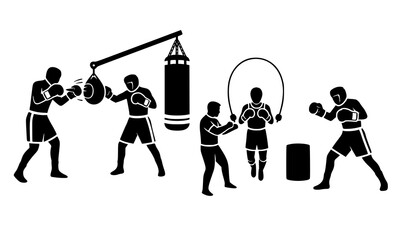 Boxing gym training pictogram silhouettes vector combat sport icon set © MdMiraz
