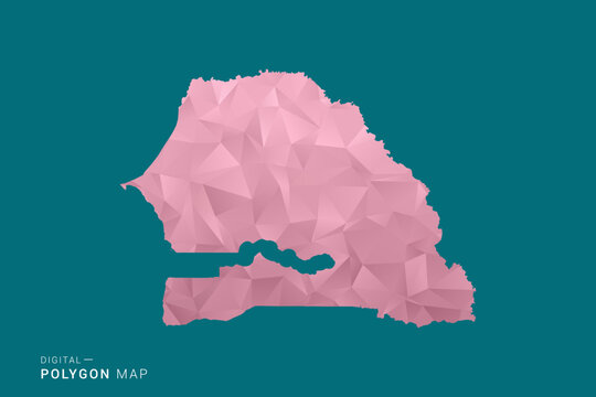 Senegal polygon map vector illustration in low poly geometric style, soft pastel colors with pink and teal green tones, clean silhouette on solid background, ideal for infographic.