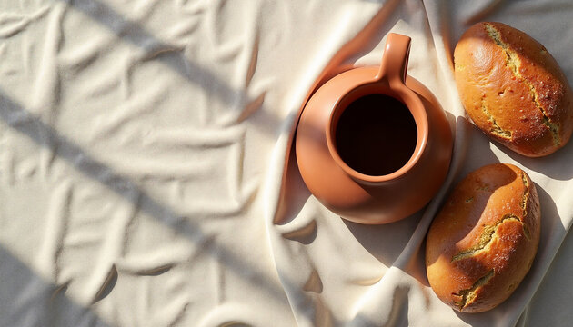 Clay pot with coffee next to fresh bread rolls on linen cloth showcasing morning warmth. Clay pot contains rich coffee while golden-brown bread adds comfort to breakfast table setting.