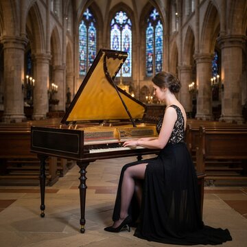 spinet harpsichord player performing live in a church AI generated
