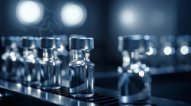 Rows of vaccine vials moving along a sterile automated production line in a pharmaceutical manufacturing facility, symbolizing crucial progress in medical research, drug development, and global health